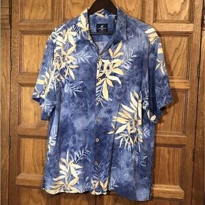 VTG Caribbean Joe Island Supply Co. XL Blue Silk Hawaiian Camp Shirt Button Loop